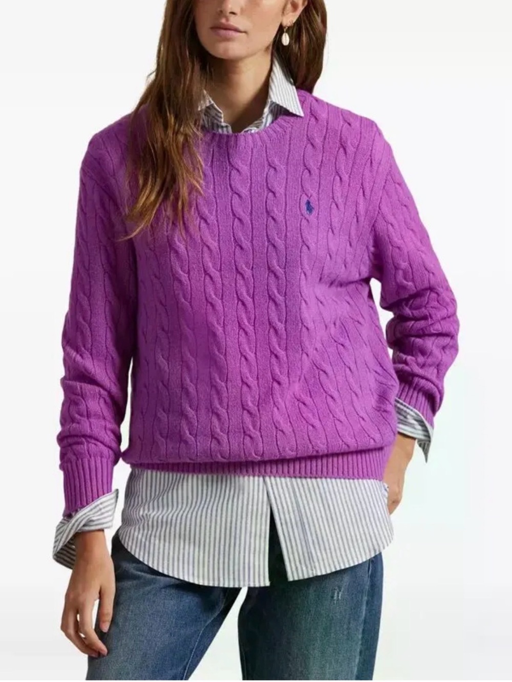 Polo by Ralph Lauren Bright Purple Cable-Knit Crewneck Cashmere Sweater